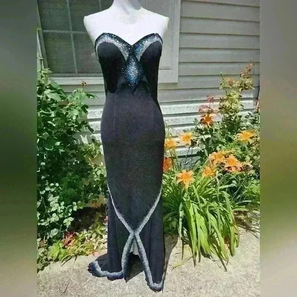 Cassandra Stone beaded evening formal gown black silver blue size 12 - Picture 1 of 5
